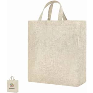 A large, light-coloured reusable shopping bag with two handles and a simple logo on one side.