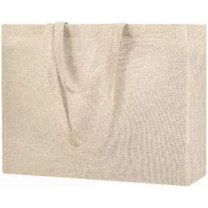 A tote bag in a light beige colour with two sturdy handles. The bag has a simple, textured design.
