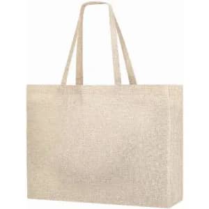 A jute tote bag in a natural beige colour with long handles. It features a simple, unembellished design.