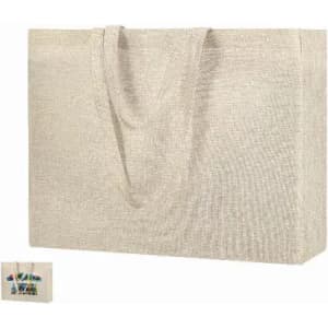 A large beige tote bag with sturdy handles, featuring a textured fabric. Includes a smaller version in the corner.