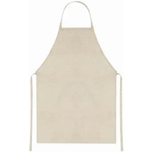 A beige apron with a simple design and ties at the waist and neck. It has no visible branding.