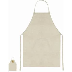 An apron in a light beige colour with ties and a small matching pocket-sized version. It features a logo.