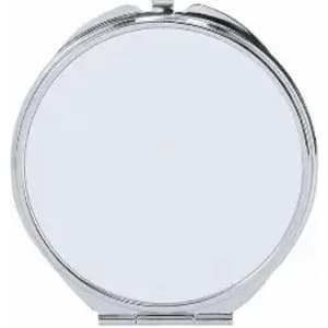 A compact mirror with a round silver case and a polished mirror surface.