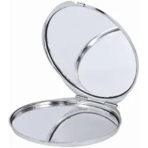 A compact mirror with a silver finish, featuring two reflective surfaces inside, elegantly hinged for easy opening.