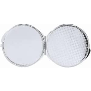 A compact mirror with a shiny silver exterior and two open halves, one with a reflective surface and one textured.