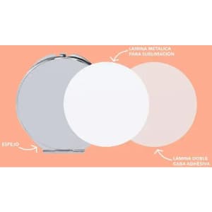 A compact mirror with a metallic surface for sublimation and a double-sided adhesive layer, set against a peach background.