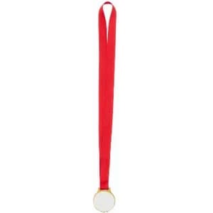 A red ribbon with a gold medal pendant, featuring a blank circular surface.