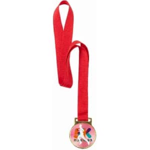 A medal featuring a circular design with a running theme, attached to a red ribbon. The medal has a logo.