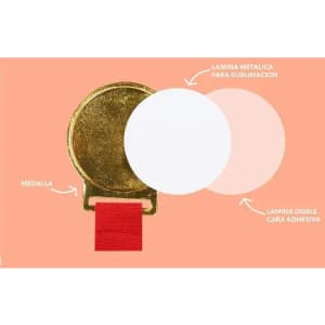 A gold medal with a red ribbon, featuring a blank area for sublimation and a double-sided adhesive layer.