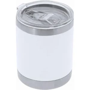 A drink bottle with a stainless steel base and a white body, featuring a clear lid and a silver rim.