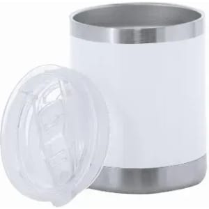 A drink bottle with a stainless steel base and a white body, accompanied by a clear lid.