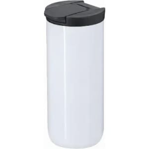 A drink bottle in white with a black lid, featuring a sleek, modern design and a logo on the side.