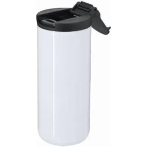 A drink bottle in white with a black lid and a flip-top opening, featuring a brand logo.