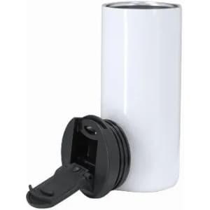 A drink bottle with a white exterior and a black lid featuring a flip-top spout. It has a sleek, cylindrical design.