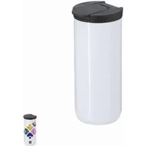 A drink bottle in white with a black lid, featuring a colourful logo design.