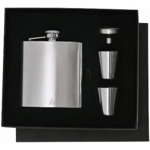 A stainless steel drink flask set in a black gift box, including two drinking cups and a funnel.