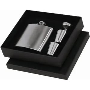 A drink bottle and two metal shot glasses in a black box. The bottle has a shiny silver finish.