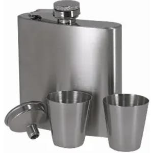 A drink bottle in silver metal with two matching cups and a screw cap, featuring a logo on the surface.