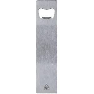 A bottle opener with a sleek stainless steel design and a built-in handle for easy gripping.