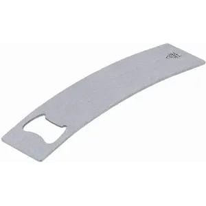 A bottle opener in a sleek grey design, featuring a contoured shape and an opening for caps.
