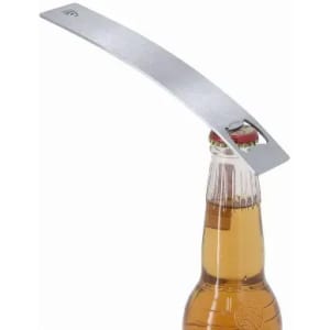 A bottle opener with a sleek, curved metal design, positioned over a bottle with a brown beverage inside.