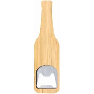A bamboo drink bottle shaped like a beer bottle with a metal bottle opener at the base.