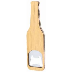 A drink bottle shaped bottle opener in a natural wood finish with a silver metal opener. Features a logo.