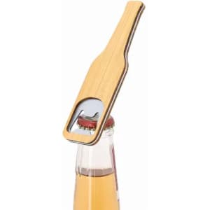 A bottle opener made of wood, designed in the shape of a drink bottle, with a sleek, minimalistic appearance.