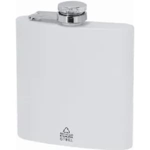 A drink bottle with a sleek white design, silver cap, and a branded logo on the bottom.