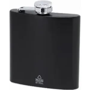 A drink bottle in black stainless steel with a shiny silver top and a logo on the base.