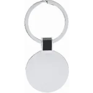 A silver keyring with a circular pendant, featuring a smooth, blank surface for personalisation.