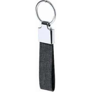 A key ring with a grey fabric strap and a chrome attachment. Features a smooth, polished finish.