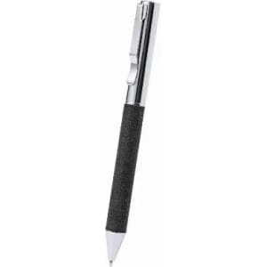 A black pen with a textured grip and a shiny chrome clip, featuring a sleek and modern design.