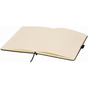 An open notebook with cream pages and a black cover, featuring a ribbon bookmark.