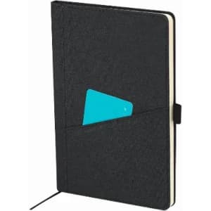 A black notebook featuring a teal card pocket, with a band closure and a ribbon bookmark.