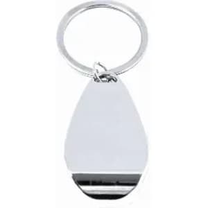 A keyring featuring a shiny silver teardrop design, with a smooth surface for engraving.
