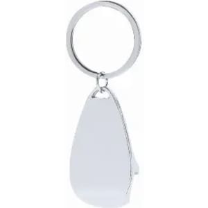 A key ring with a sleek, silver metal design and a teardrop-shaped tag. Features a simple, polished finish.