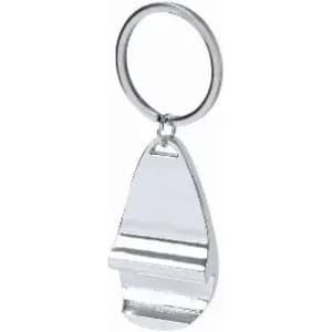 A silver keyring bottle opener with a sleek, streamlined design and a circular attachment for keys.