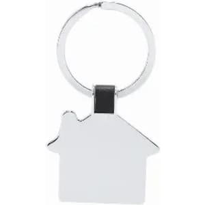 A keyring featuring a silver house-shaped charm with a circular attachment.