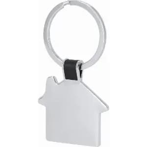 A keyring shaped like a house, made of silver-coloured metal with a black attachment.