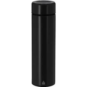 A drink bottle in matte black with a sleek design and a removable lid. It has a logo on the base.