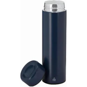 A drink bottle in navy blue with a silver top and a matching lid, featuring a logo.