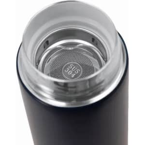 A drink bottle in matte black with a metal interior and a fine mesh filter at the top. It has a modern design and a logo.