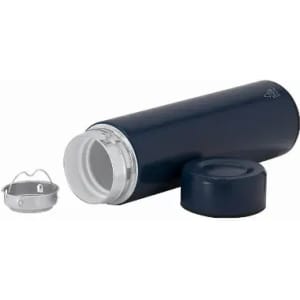 A drink bottle in navy blue with a silver lid and an inner cap, featuring a logo on the side.