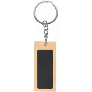 A wooden keychain tag with a blank black surface for personalisation, attached to a metal keyring.