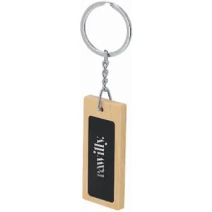 A wooden keychain with a rectangular shape featuring a black section and a silver keyring attachment.