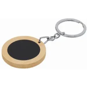 A keyring with a circular wooden base and a black centre, attached to a metal chain.