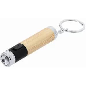 A keychain flashlight with a wooden handle, black accents, and a metallic finish at both ends.