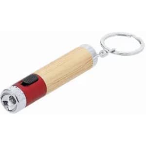 A keychain flashlight with a wooden body and red accents, featuring a silver metal end and a keyring attachment.