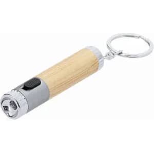 A keychain flashlight with a wooden handle and silver accents, featuring a switch for operation.